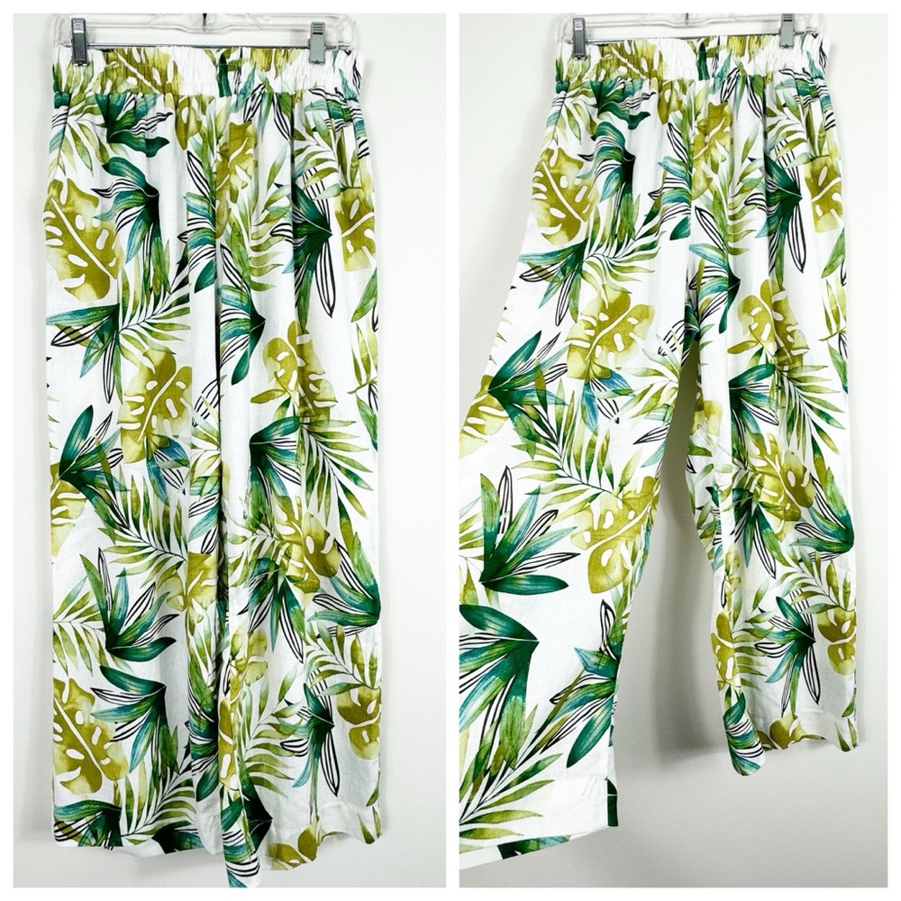 Sigrid Olsen Tropical Print Flowy Pants Linen Blend  Palm Leaves Size L